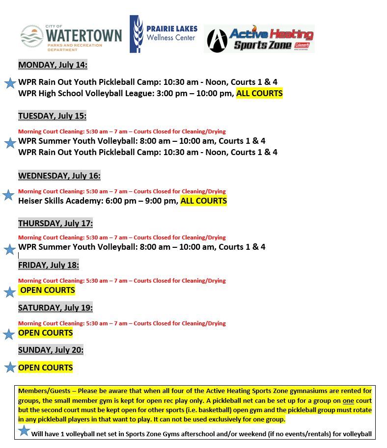 SZ Gym Schedule July 14, 2025